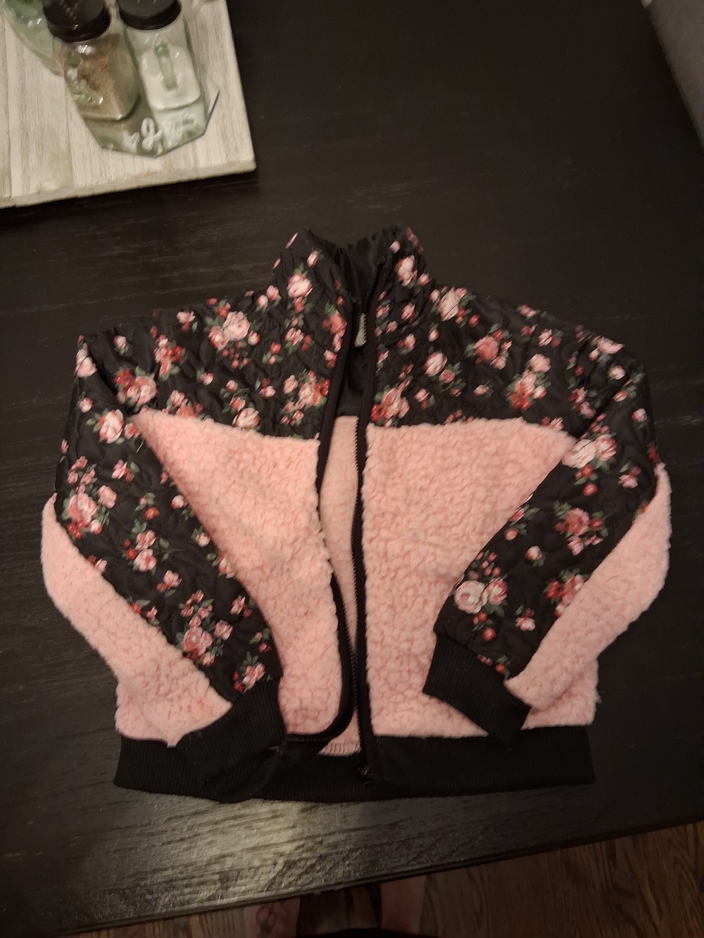 Girls' Pink Sherpa & Black Floral Puffer Jacket